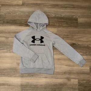Under Armour Gray Pullover Hoodie Black Logo Youth Medium